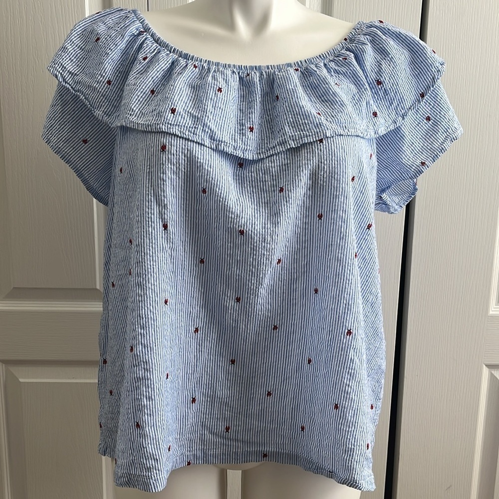 Westbound Blue and White Striped Ruffle Off-Shoulder Top with Red Dot Embroidery